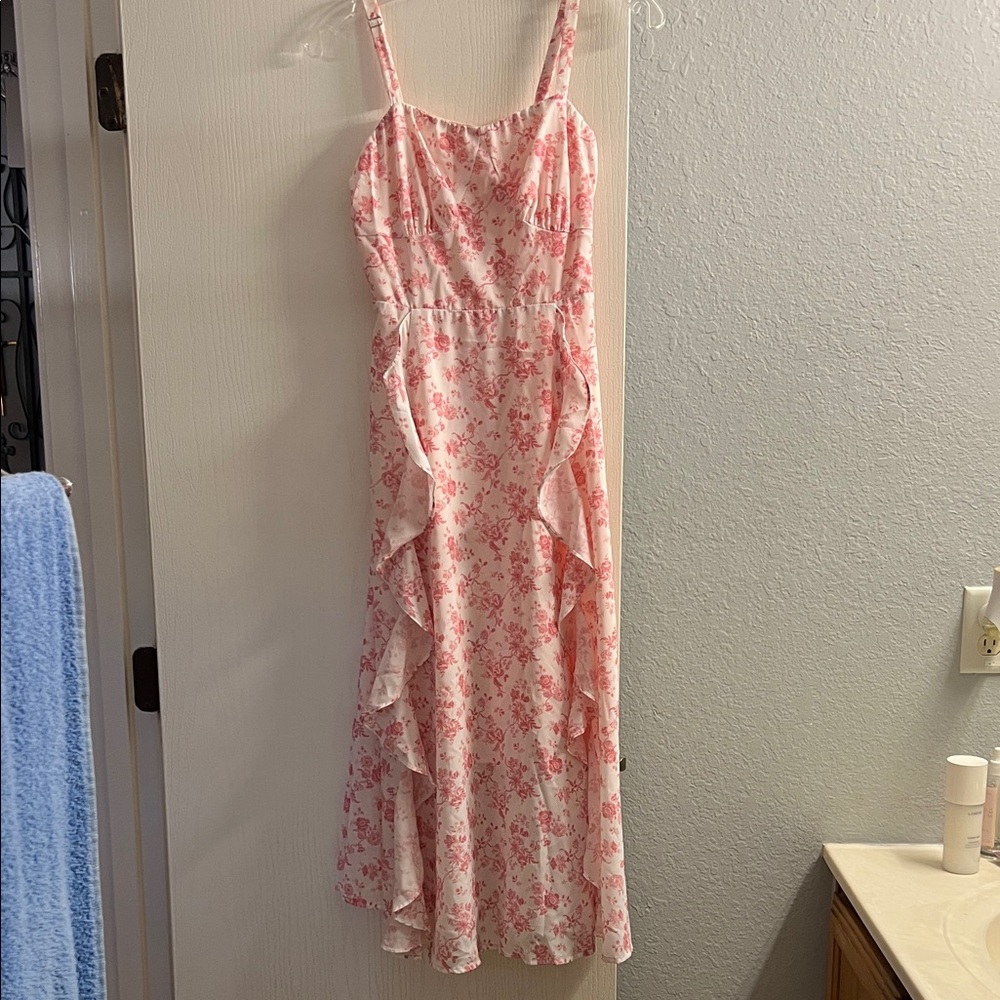 Pink Floral Ruffle Maxi Dress with Spaghetti Straps
